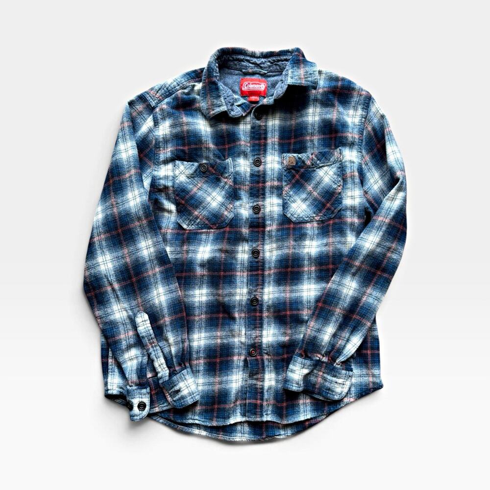 Coleman Men's L Blue White Red Plaid Flannel Long Sleeve Button-Up, Pockets